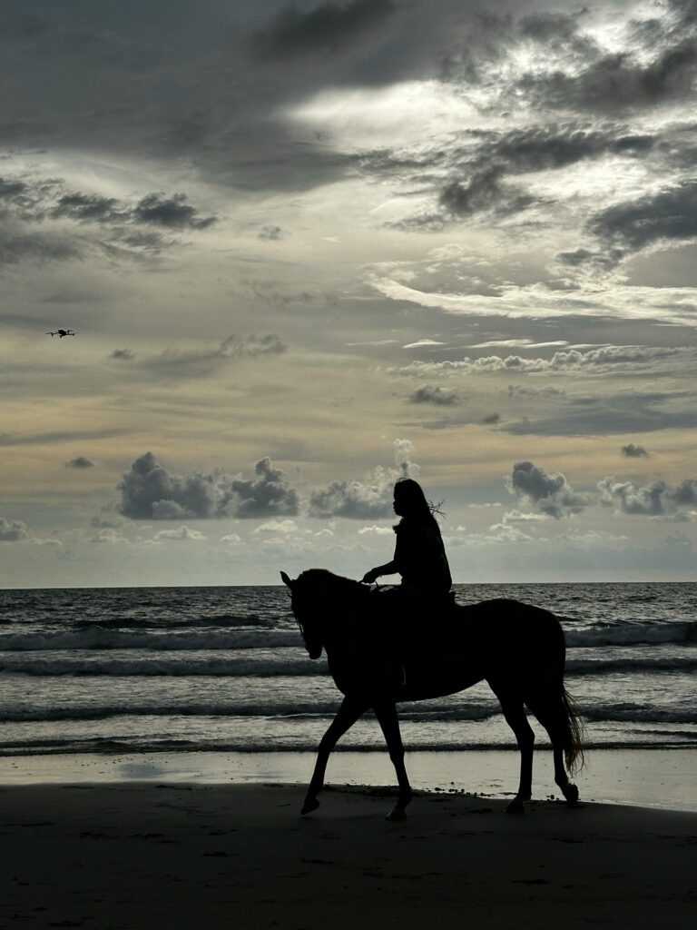 Pessoa cavalgando com vista panorâmica para o litoral de Garopaba