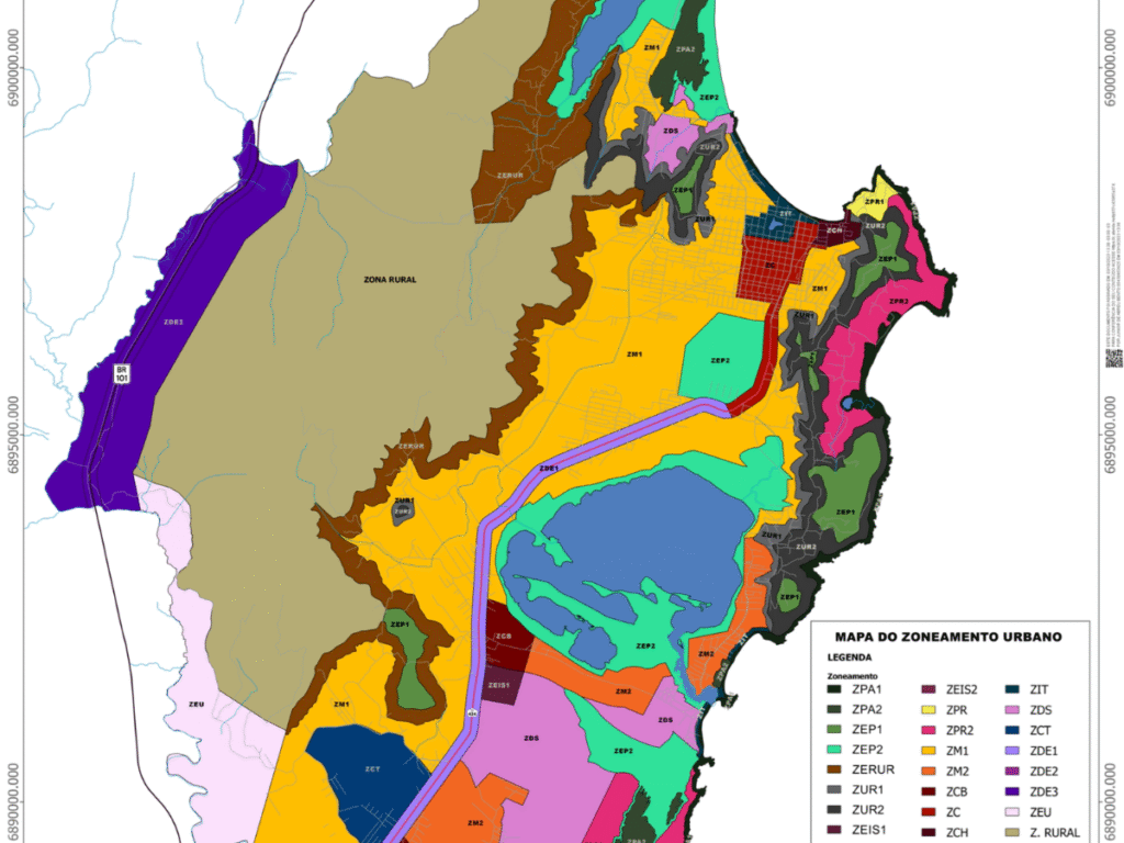 Mapa oficial de zoneamento urbano de Garopaba, com legendas coloridas que indicam áreas residenciais, rurais, comerciais e zonas de preservação ambiental.