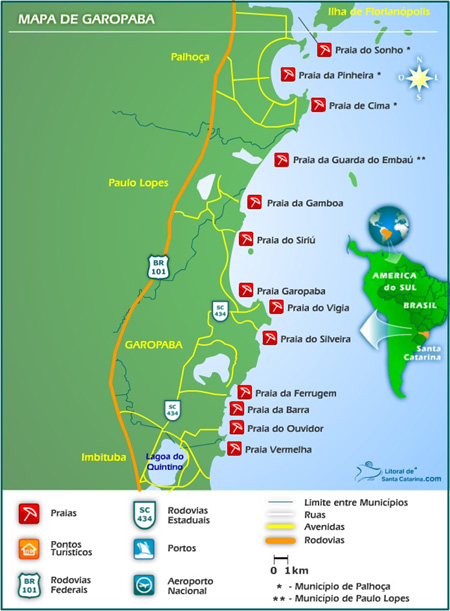 Mapa turístico de Garopaba destacando praias, rodovias, limites municipais e pontos turísticos entre Paulo Lopes, Imbituba e Palhoça.