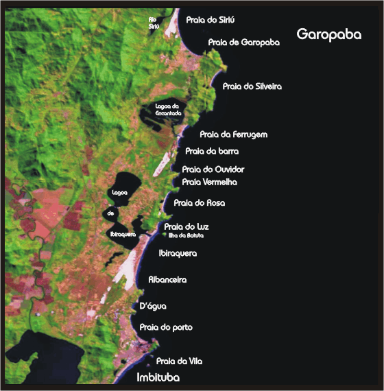 Mapa satélite com as principais praias do litoral entre Garopaba e Imbituba, incluindo Praia do Siriú, Silveira, Ferrugem, Rosa e Ibirapuera.