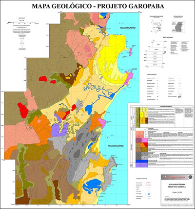 Mapa geológico do Projeto Garopaba, detalhando a composição do solo e as diferentes formações geológicas da região, incluindo áreas costeiras e de encostas.